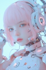 Poster - Futuristic Cyborg Woman with Pink Hair and Headphones