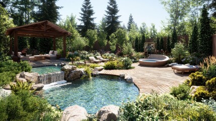 Canvas Print - Serene Backyard Oasis with Waterfall  Hot Tub  and Lush Greenery