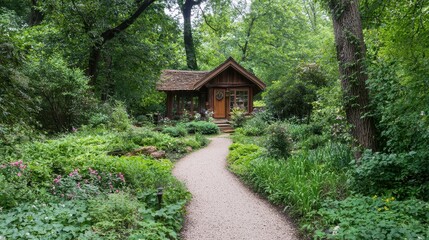 Canvas Print - Secluded Wooden Cabin Path Through Lush Greenery Garden