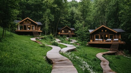 Wall Mural - Wooden Cabins in Lush Forest with Winding Walkway