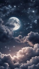 deep midnight dreamy moonlight sky with fluffy clouds and glowing stars wallpaper