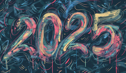 Wall Mural - 2025 drawing numbers, new year sketch greeting card, doodle celebrate banner, freehand eve poster