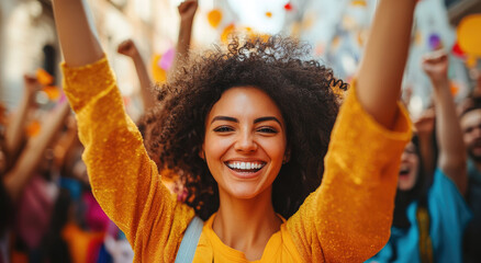 In the heart of an urban square, diverse people come together for Women's Day. A joyful woman raises her arms in celebration