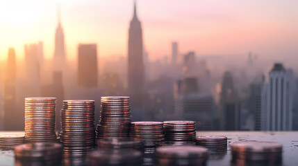 Currency stacks and city skyline background