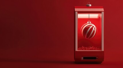Aufkleber - Minimal abstract Christmas design for web banner featuring a red striped bauble captured by a toy claw machine against a red backdrop 3D rendering illustration with clipping path for each element