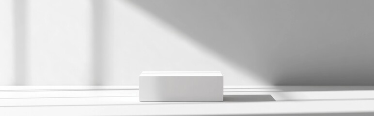 Poster - White cube podium platform isolated on a geometric background with a blank box for minimal display or empty rectangular pedestal for perspective mockup presentation concept