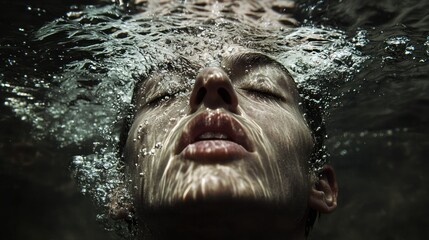 Wall Mural - A Person's Face Submerged in Water With Bubbles Surrounding It