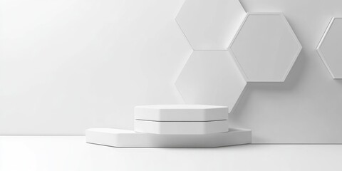 Aufkleber - Minimalist 3D hexagon podium in white and gray tones Abstract geometric shape rendering Ideal display for cosmetic and beauty fashion products