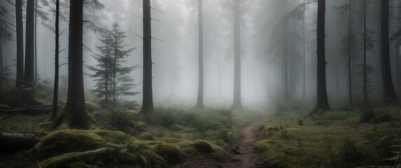 Wall Mural - Foggy Forest Path with Lush Moss and Tall Trees