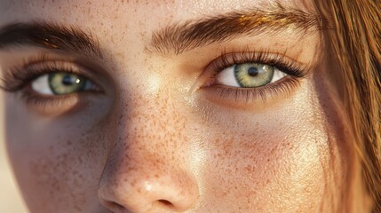 Wall Mural - Close-up of a Woman's Eye with Freckles and a Subtle Glow