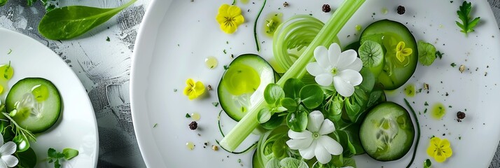 Wall Mural - Restaurant Plate of Green Salad with Avocado, Cucumber, Spinach, Celery and Cucumber Jelly