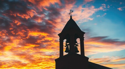 A church bell tower ringing out, set against a sunset sky.