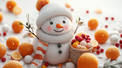 Cheerful snowman with knitted accessories surrounded by colorful winter fruits