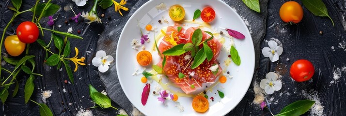 Wall Mural - Tuna Fillet, Parmesan Cheese and Tomato Jelly Top View, Molecular Food Dish, Seafood