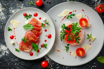 Wall Mural - Tuna Fillet, Parmesan Cheese and Tomato Water Jelly Top View, Molecular Dish, Fish on Restaurant Plate