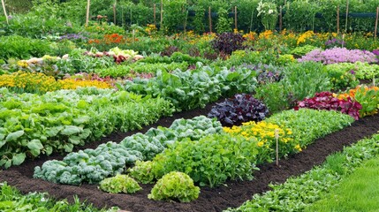 Wall Mural - Colorful Vegetable Garden with Rows of Lettuce  Kale  and Flowers