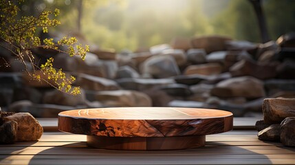 Canvas Print - Wooden seating area with sunlight and rocks in the background.