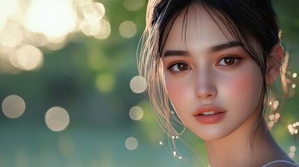 Wall Mural - Close-up portrait of a young woman with brown eyes and light makeup, illuminated by soft sunlight