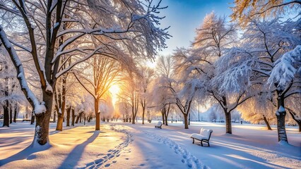 Wall Mural - Winter park with snow covered trees and peaceful atmosphere, winter, park, snow, trees, peaceful, atmosphere, nature, landscape, scenic