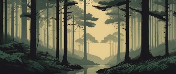 Wall Mural - A Misty Forest Path Leading to a River