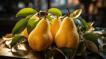 Wall Mural - Yellow pomegranates resting on green leaves,