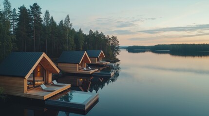 Canvas Print - Modern Wooden Cabins on Lake with Private Pools at Sunset