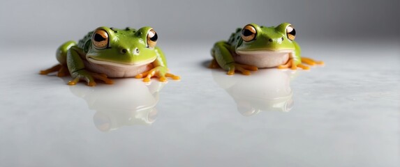 Two Green Tree Frogs with Orange Toes on a White Surface