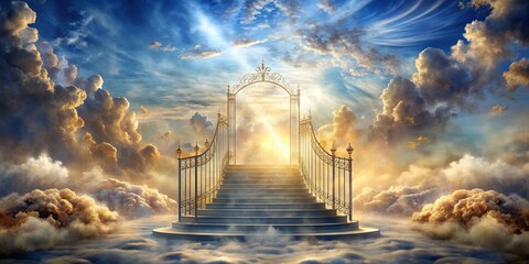 Abstract oil painting of stairway to heaven leading to pearly gates in the sky, heaven, staircase, clouds, ladder