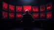 © LittleSeven - Analyst in a dark room filled with screens, all displaying red, bearish downtrend graphs, critical market review