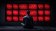 © LittleSeven - Analyst in a dark room filled with screens, all displaying red, bearish downtrend graphs, critical market review