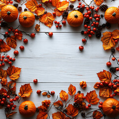 Wall Mural - An autumnal celebration with festive decorations featuring pumpkins, berries, and leaves set against a white wooden background, symbolizing both thanksgiving day and halloween,...