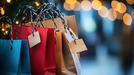 A stack of shopping bags filled with gifts, marked with Black Friday sales tags, signaling holiday deals.