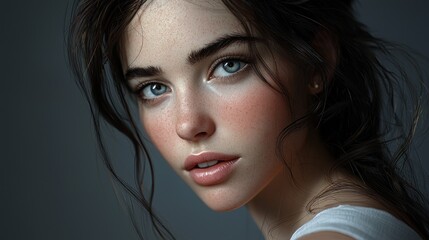 Wall Mural - Close-up Portrait of a Young Woman with Freckles and Blue Eyes