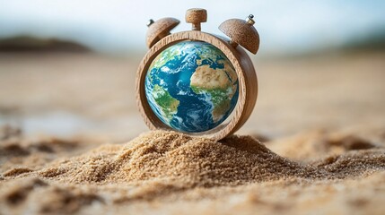 Wall Mural - Sand clock with Earth for Earth Overshoot Day, highlighting the critical time to address ecological sustainability and conserve resources.