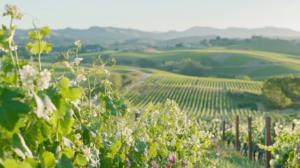 Wall Mural - Vineyard Landscape with Blooming Grapevines and Mountains in the Background