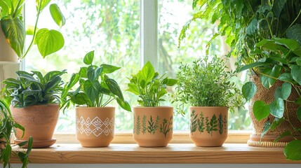 Canvas Print - Indoor Plants in Terracotta Pots on Windowsill with Natural Light