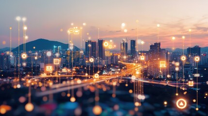 Poster - Smart City Skyline with Network Connection and Technology Icons at Sunset