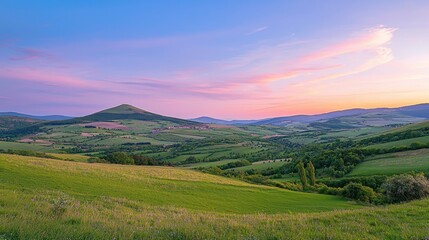 Poster - Sunset over rolling hills and farmlands in a picturesque rural landscape