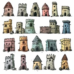 Wall Mural - Castle icon, fairy tale forts, old towers, medieval castles, kingdom symbol, king home, fairytale fortress