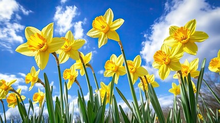 Wall Mural - Vibrant daffodils standing tall against a blue sky, signaling the arrival of spring.