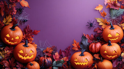 Wall Mural - Purple background with Halloween decorations including pumpkins and spider webs, creating a spooky and festive atmosphere. Suitable for Halloween-themed events and design purposes.