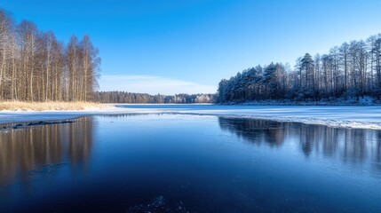 Poster - Frozen Lake with Clear Blue Sky and Forest Reflections