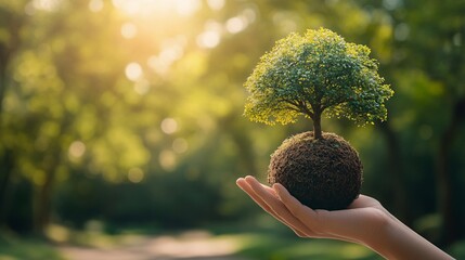 Wall Mural - Environmental protection visual: hand holding a globe with a tree, representing the crucial role of trees in sustaining life and the planet.