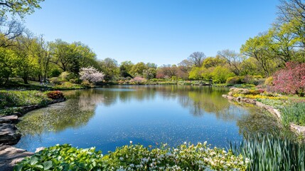 Poster - Serene Pond with Blooming Flowers in Springtime Garden