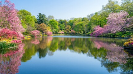 Poster - Serene Lake with Blooming Pink Trees and Reflections