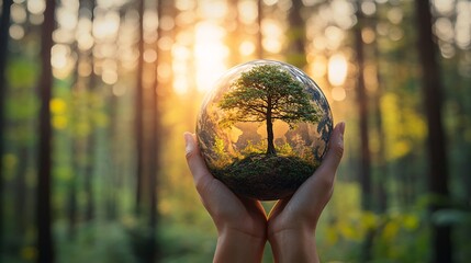 Environmental protection visual: hand holding a globe with a tree, representing the crucial role of trees in sustaining life and the planet.