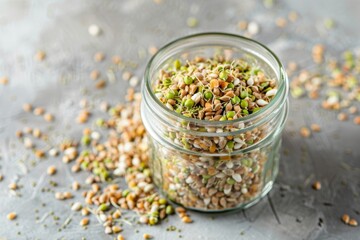 Wall Mural - Raw green buckwheat sprouted cereals, green buck wheat grains in jar, uncooked kasha sprouts heap