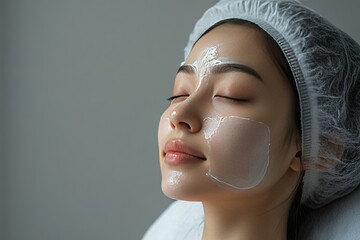 Wall Mural - A young girl sits on a chair in a beauty salon with a white anti-aging mask on her face. Happy woman with moisturizing white clay mask on her face. Advertising of a beauty salon and care services.