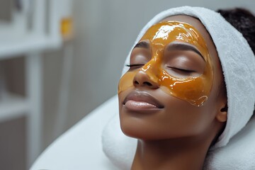 Wall Mural - A black girl sits on a chair in a beauty salon with a yellow anti-aging mask on her face. African American woman with yellow clay moisturizing mask on her face. Advertising of a beauty salon and care