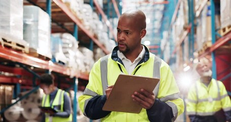 Canvas Print - Clipboard, stock and black man in warehouse, checklist and paperwork with cargo, industry and writing. African person, employee and shipping with documents, logistics and distribution with inventory